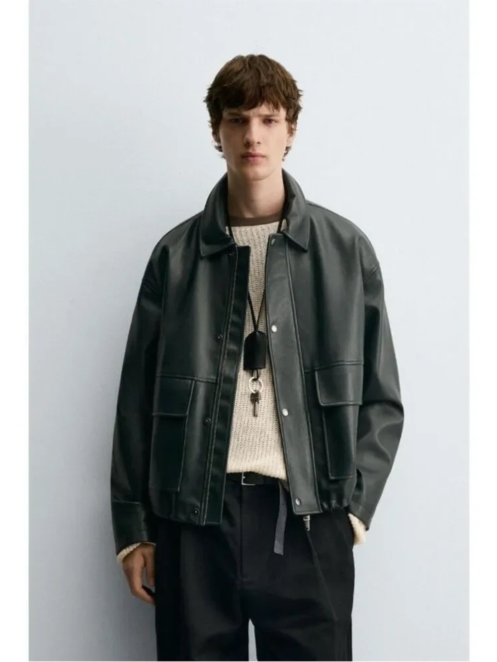 NWOT. Zara Man Dark Green Faux Leather Relaxed Fit Biker Jacket. Size XL.